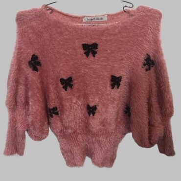 Miss Lilach סריג ורוד פלאפי ׳שעיר׳ פרינט פפיונים מידה M גזרת עטלף מפתח סירה מצב חדש!