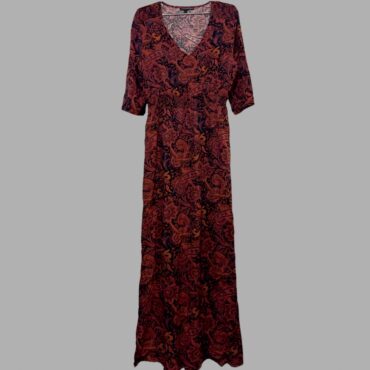 שמלת מקסי בהדפס פייזלי מידה L גומי במותן בצבעי אדום שחור. מצב כמו חדש!