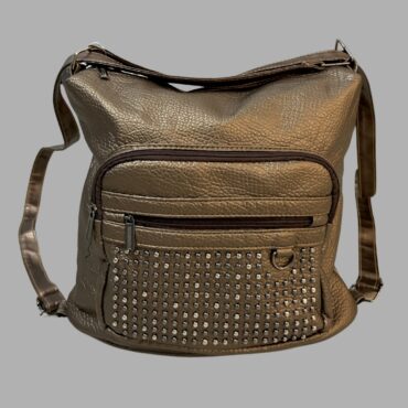 תיק דמוי עור גדול עם ניטים שהופך לתיק גב בצבע נחושת