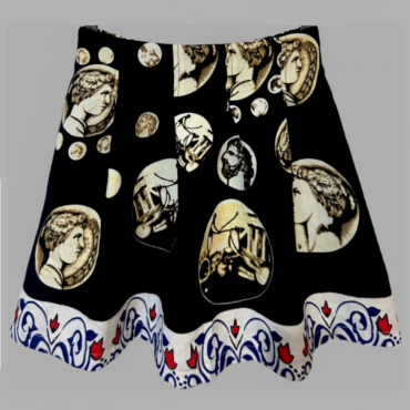 חצאית מיני אלגנטית מידה S פרינט מטבעות וגומי במותן אחורי גזרת A מצב חדש