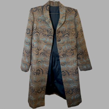 ג׳קט וינטג’ ברוקייד אלגנטי ארוך מידה S עם הדפס ספירלי ייחודי בגווני טורקיז וחום  מצב חדש!