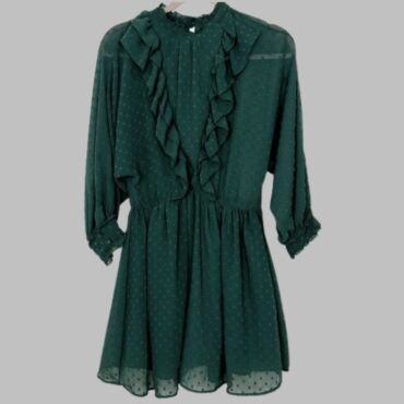 ZARA שמלה ירוקה (בקבוק) אלגנטית מידה L נשפכת בטקסטורת נקודות עם גומי במותן ומלמלות גזרת A מצב חדש