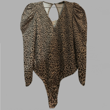 עם טיקט! AUZU בגד גוף מנומר לייקרה מידה M כתפיים תפוחות ומחשוף וי עמוק עם שרוכים