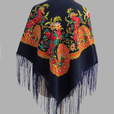 מטפחת פשתן וינטג׳ בבושקה פרחים אוקראינית חומה מרובעת עם פרנזים מצב כמו חדש!