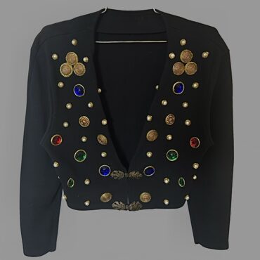 וינטג׳! ג׳קט קרופ שחור מידה M משובץ אבנים צבעוניים וסגירת אבזמים מעוטרים