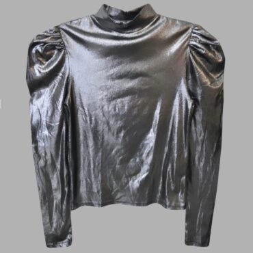 Stradivarius עם טיקט! חולצה כסופה אלגנטית לייקרה עם כתפיים תפוחות וצווארון גבוהה.